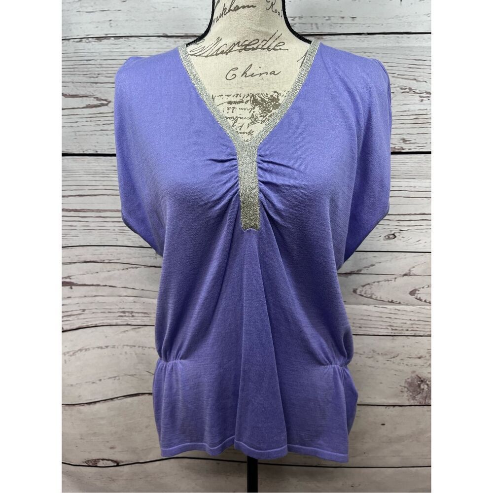 August Silk Womens Lily Lavender V-Neck Knit‎ Top Silver Trim NWT 0770015F L